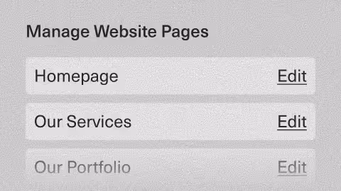 Manage Website Pages panel listing Homepage, Our Services, and grayed-out Our Portfolio pages, each with an Edit link to the right.