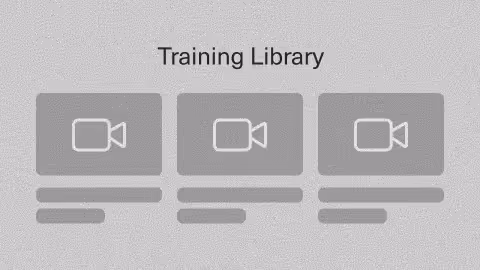Training Library interface with three video thumbnails arranged horizontally, each showing a video camera icon with space for titles and descriptions below.