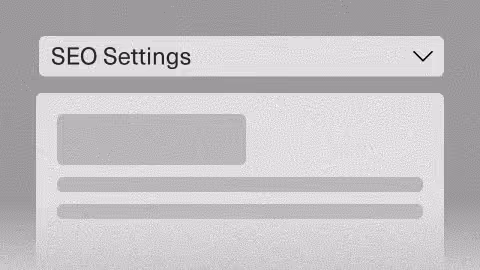 Dropdown menu labeled SEO Settings with blurred content below.