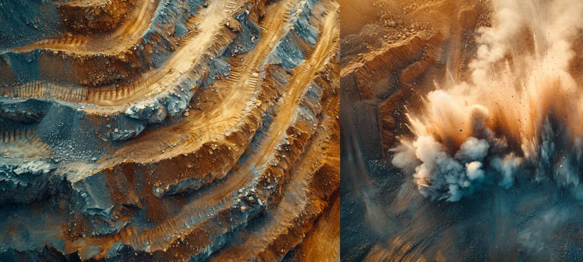 Dual perspective of an mining site, showcasing aerial view of mining quarries and a mining field performing blast planning.