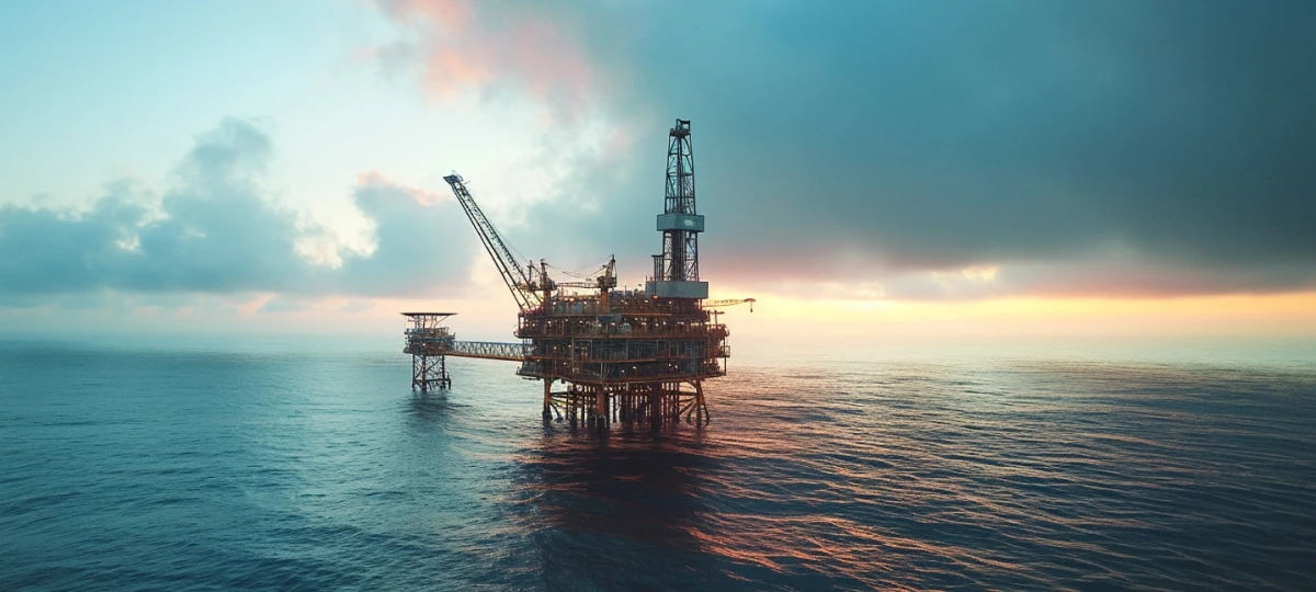 Drone view of a remote offshore oil and gas central processing platform in the open ocean.
