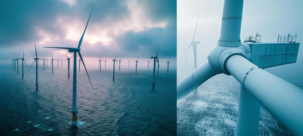 Dual perspective of an offshore wind farm, showcasing an aerial view of scattered wind turbines in the ocean and a close-up of a turbine's structure from a drone's point of view.