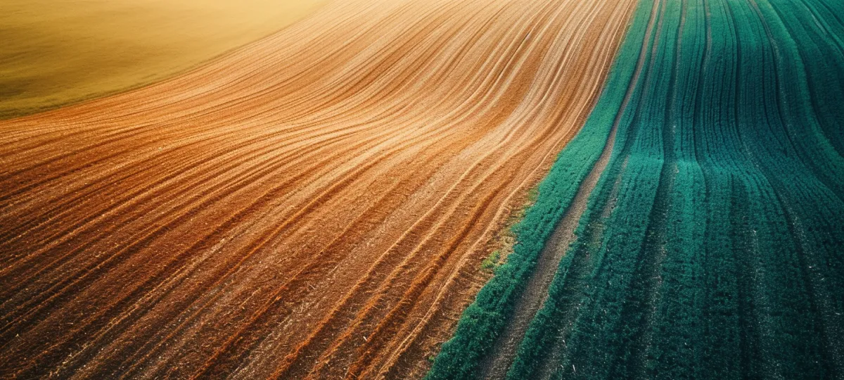 Contrasting brown and green crop fields viewed from above, showcasing precision agriculture farming techniques.