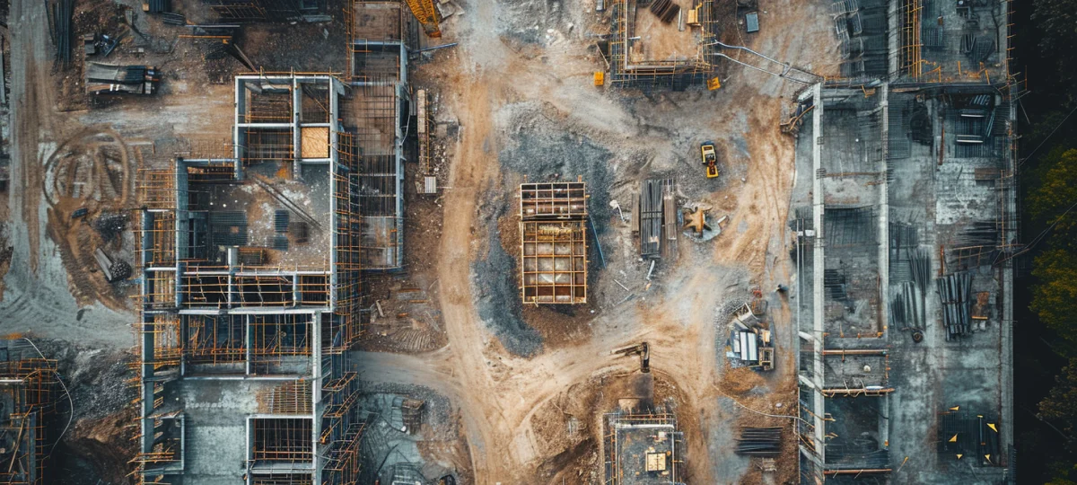 Aerial view of a construction site with structural frameworks, heavy machinery, and building materials.