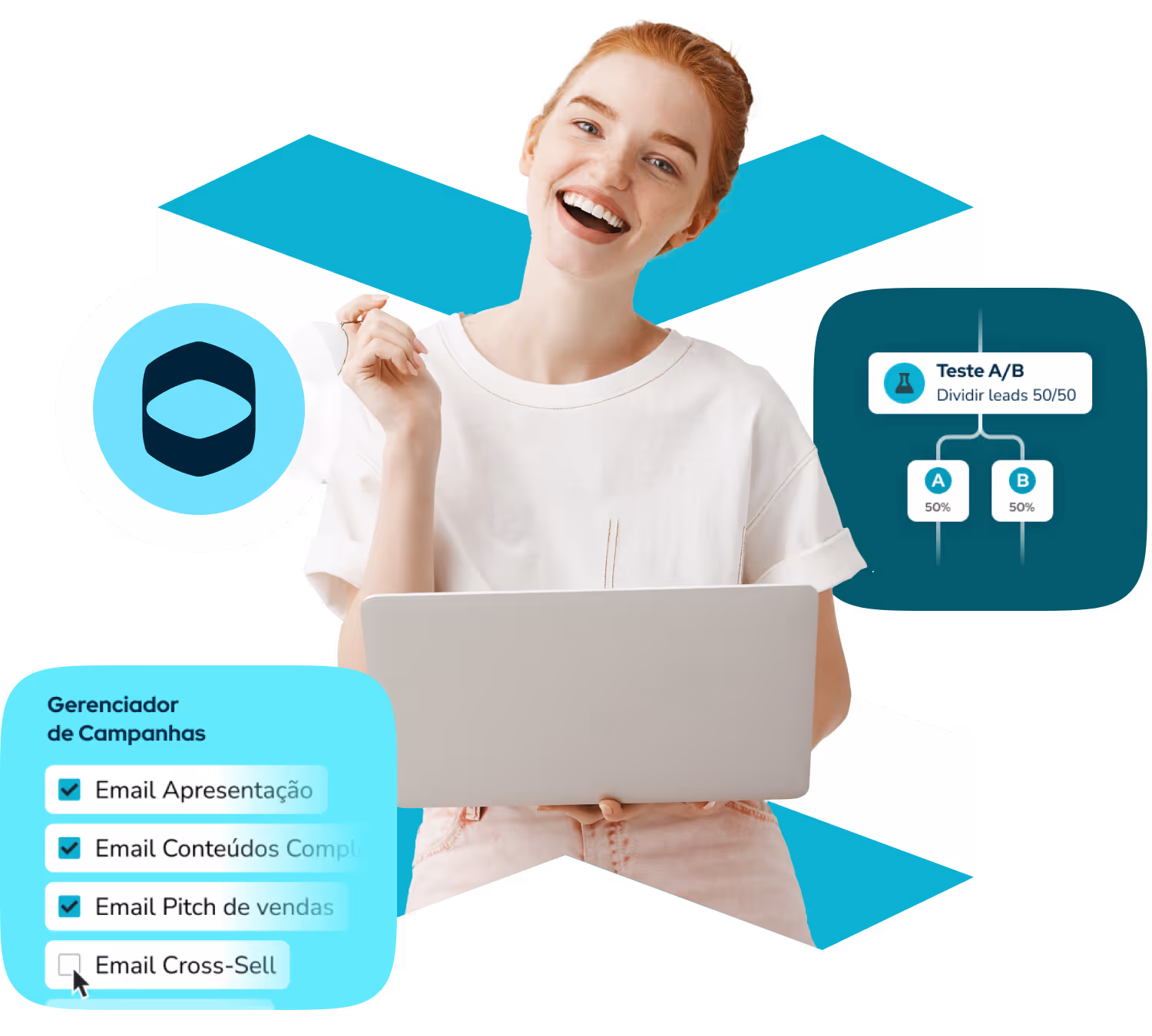 Uma mulher segurando um notebook, sorrindo. Ao fundo, o logo da RD Station junto com interfaces dos programas da RD.