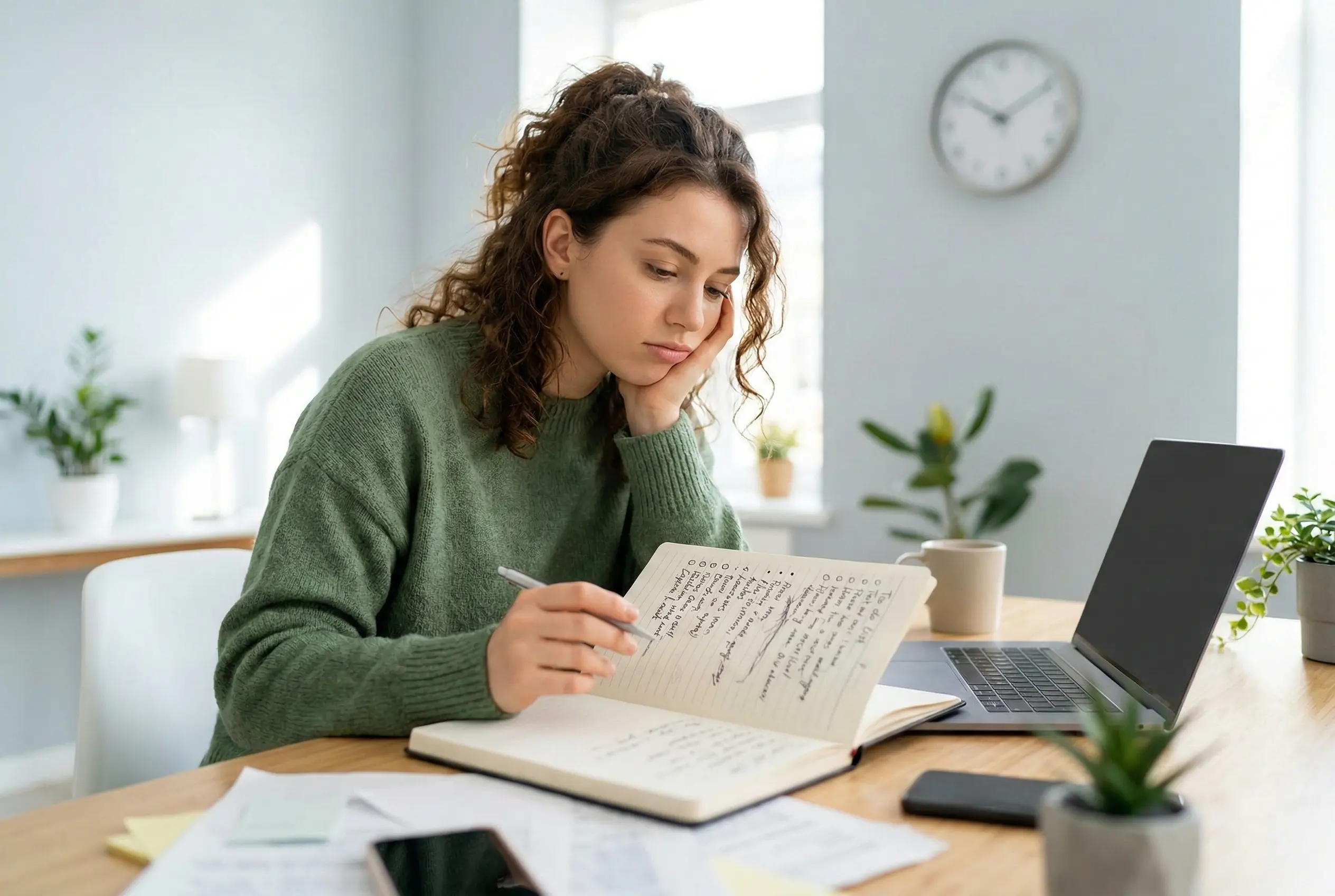 A woman studying at her desk having trouble focusing.