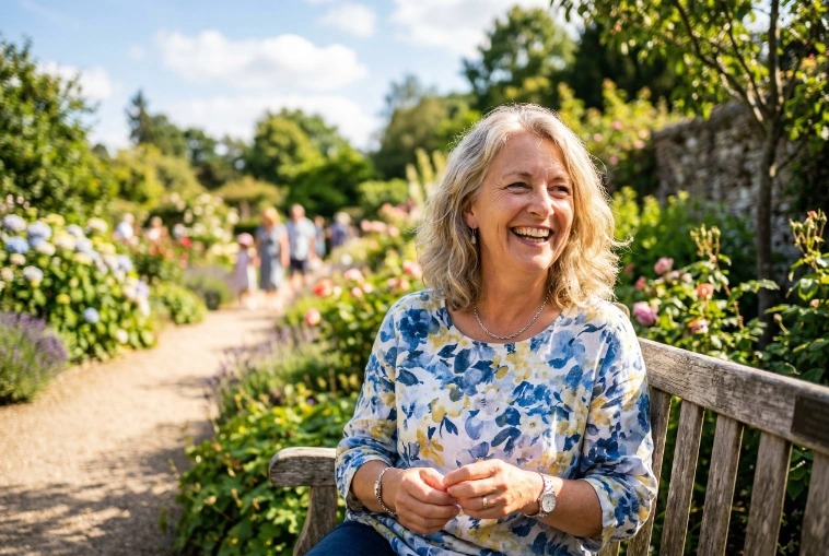 A middle aged woman sitting in the park on a bench, smiling.