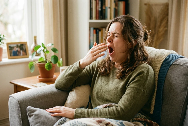 An image of a woman sitting on her couch yawning.