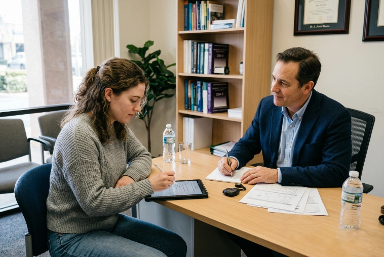 An image of a woman meeting with a mental health professional for adhd testing.
