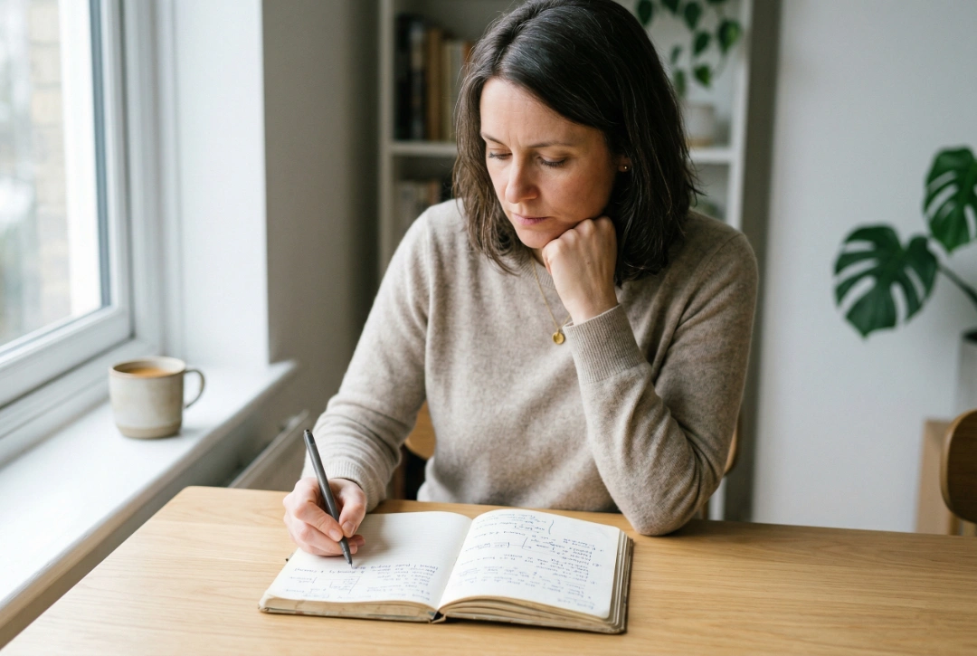 A thoughtful woman writing in a journal at a bright table in a minimalist, sunlit room.