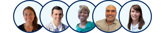 Six diverse professionals in circular frames.