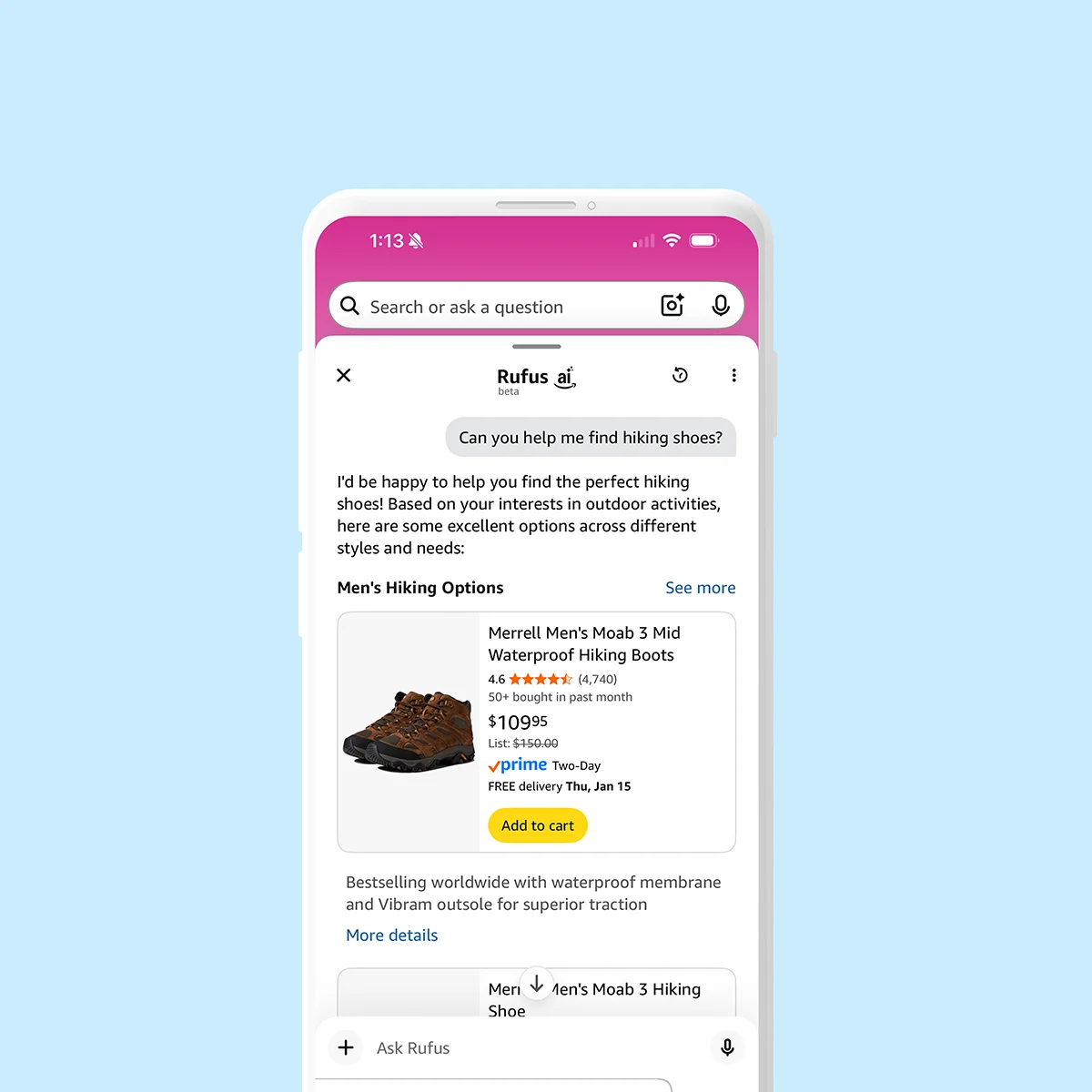 Smartphone screen showing Amazon's Rufus AI agent recommending waterproof hiking boots to a user.