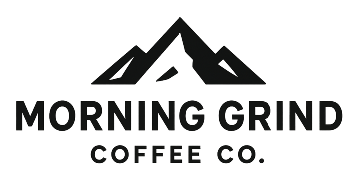 A basic graphic logo of a mountain with the words Morning Grind Coffee Co. underneath