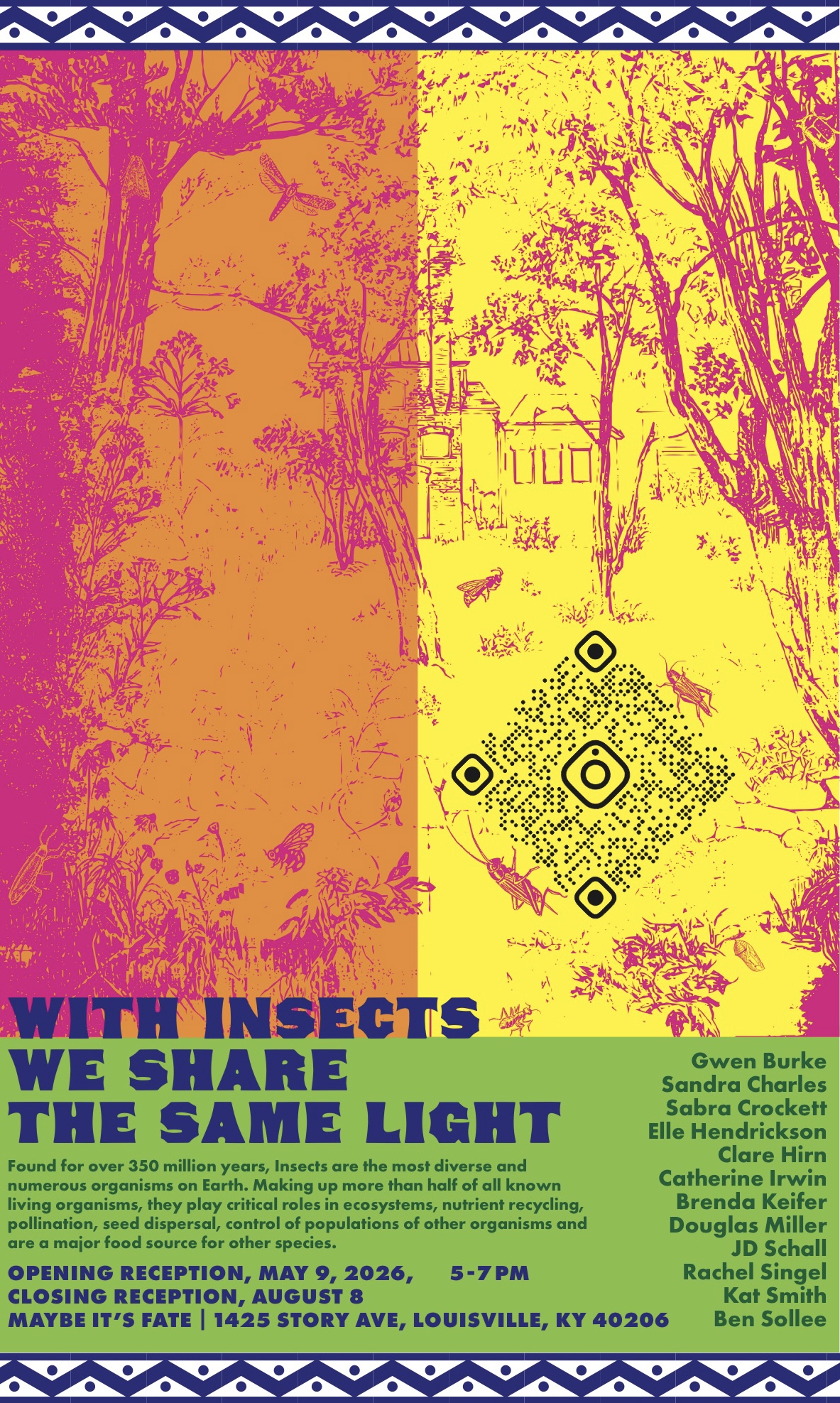 Flyer with vintage collage background of a person, birds, and arrows featuring text about an art exhibition titled 'Overlapping Papercuts Perspectives' at Maybe Its Fate from January 9th to March 28th, with an opening reception on January 10th from 5 to 7 pm. Artists listed are Lanie, Emily, Ashley, Delia, Gannon, Holt, Mintz, and Seigenthaler.