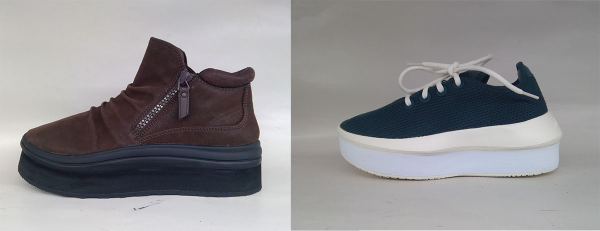 Two pairs of shoes with custom shoe lifts by Mont Clare Repair Center: brown suede ankle boot with black platform sole, and teal mesh sneaker with white platform sole.