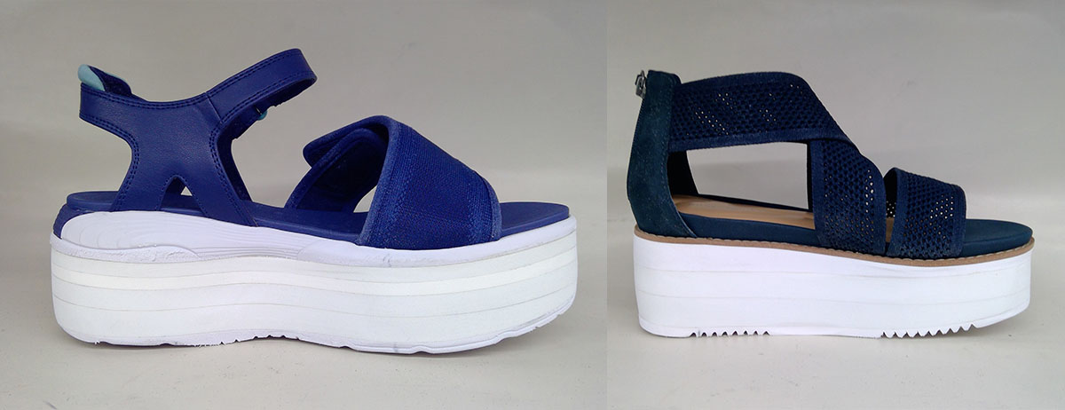 Two pairs of women's sandals with custom shoe lifts by Mont Clare Repair Center: left, navy blue strap sandal with white platform sole; right, navy mesh open-toe sandal with white platform sole.