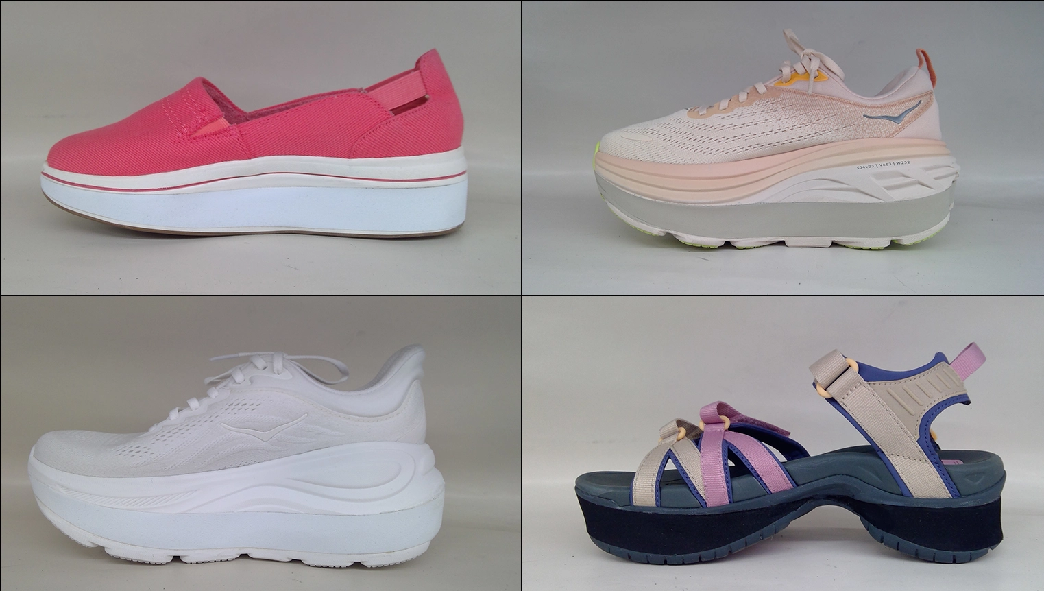 Four pairs of shoes with custom shoe lifts by Mont Clare Repair Center: pink canvas slip-on, beige Hoka sneaker, white Hoka sneaker, and multicolored strap sandal, each with added platform soles.