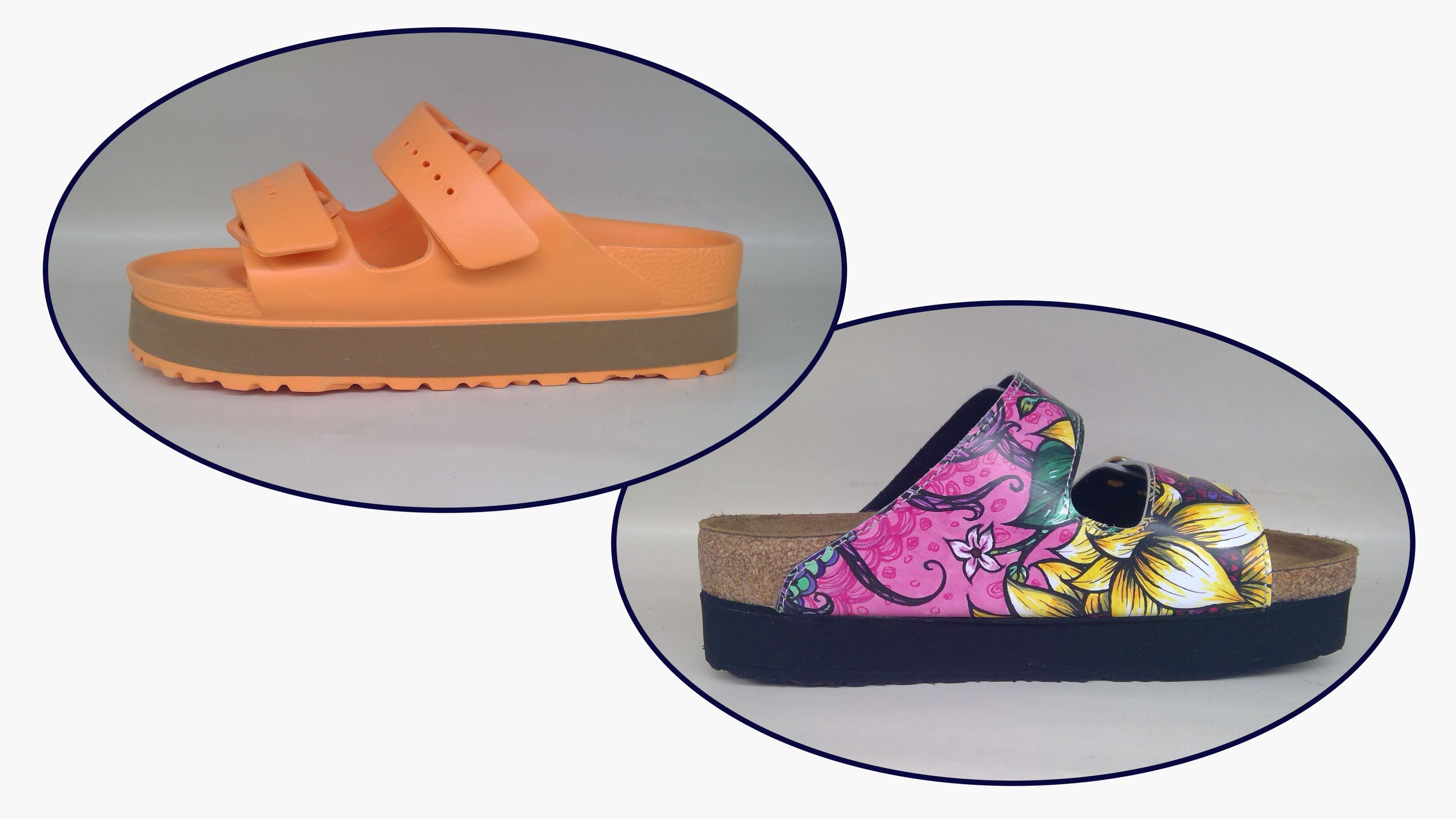 Two pairs of sandals with custom shoe lifts by Mont Clare Repair Center: orange platform slide with adjustable straps, and colorful floral print cork sandal with black platform sole.