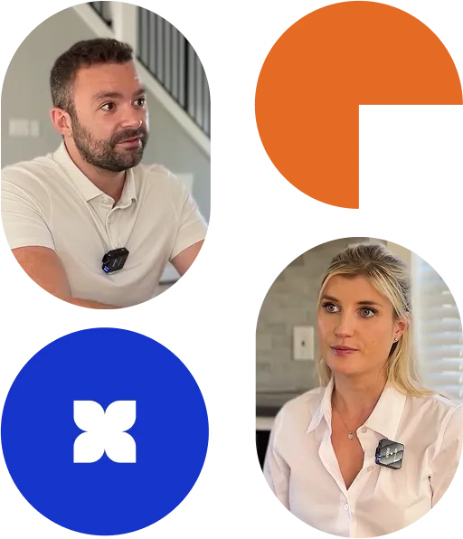 Photo of Thomas Phillips co-founder  and Seo at DTC SEO Agency  and Olivia Tapper co-founder and COO at DTC SEO Agency, alongside two circular graphic elements in orange and blue with a white flower-like shape.
