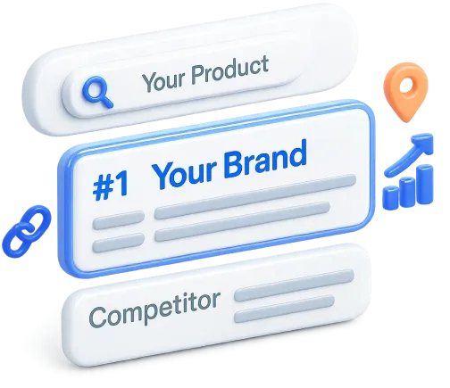 3D graphic showing a search bar labeled 'Your Product', a highlighted result '#1 Your Brand', and a lower competitor result with icons for link, location, and growth.