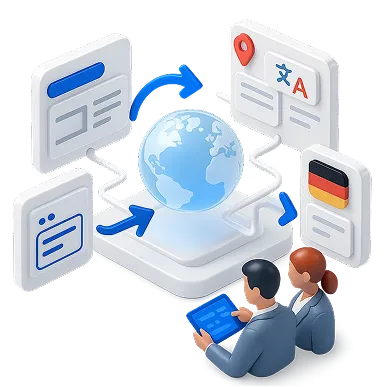 Two business people viewing a digital tablet connected to global information panels with international and German language icons around a rotating globe.