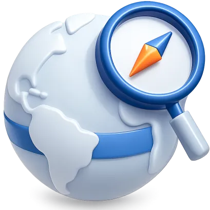 3D globe with a blue band around the equator and a magnifying glass highlighting a blue and orange compass arrow.