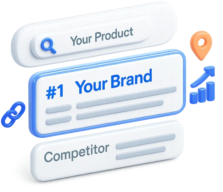 3D illustration showing search results with a search bar labeled 'Your Product,' a top highlighted result '#1 Your Brand,' and a lower competitor result, accompanied by icons for link, location, and upward trending graph.