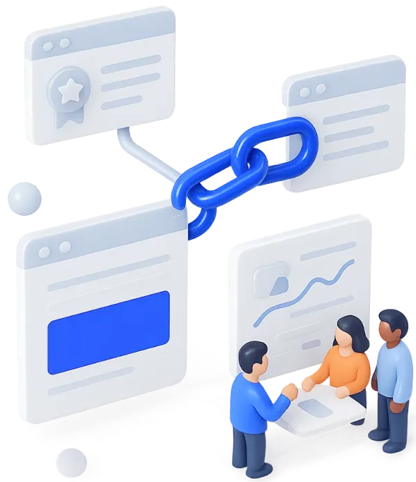 3D illustration of three people discussing at a table near browser windows connected by a blue chain link symbolizing link building.