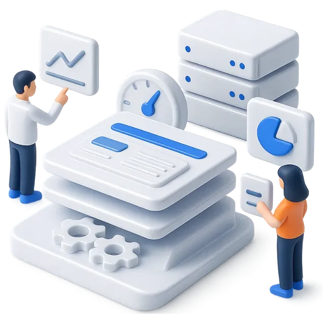 3D illustration of two people analyzing data charts and system performance with stacked layers, gears, and servers.
