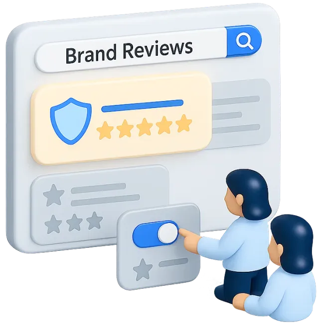 Two people interacting with an online interface showing brand reviews with star ratings and a search bar.