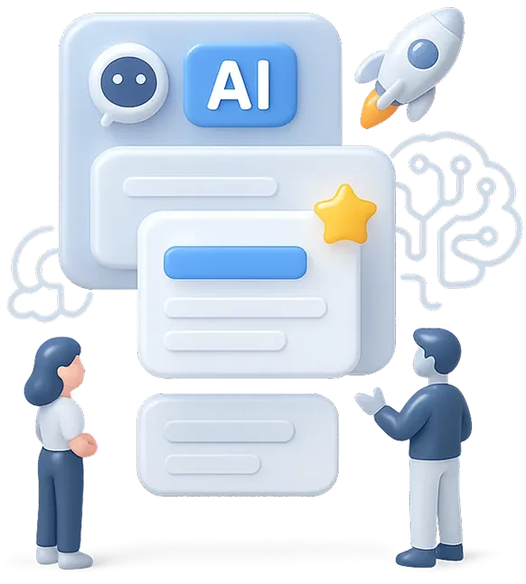 Illustration of two people interacting with floating AI-themed interface elements, including a robot icon, the letters AI, a star, and a rocket, with a digital brain outline in the background.