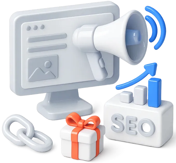 3D illustration of a computer screen with a megaphone, SEO bar graph, chain link, and gift box symbolizing digital marketing and SEO growth.