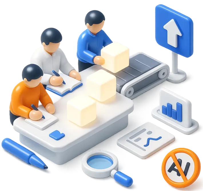 3D illustration of three people working with documents and a conveyor belt moving cubes, surrounded by icons of a magnifying glass, pen, charts, upward arrow, and no text symbol.