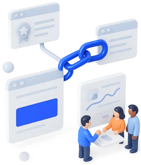 3D illustration of three people discussing near digital webpage icons connected by a blue chain link, symbolizing link building.