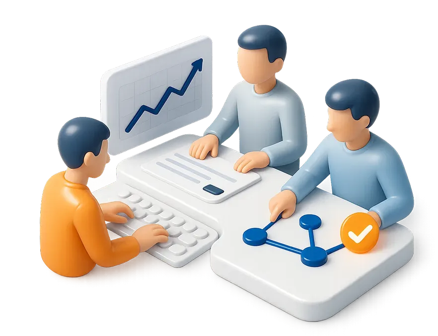 Three stylized human figures collaborating at desks with a computer showing an upward graph and a network diagram with a check mark.