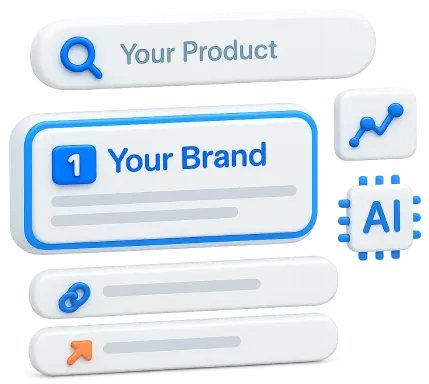 3D styled interface elements including a search bar labeled 'Your Product,' a brand card labeled 'Your Brand,' a link bar, an arrow bar, a graph icon, and an AI microchip icon.