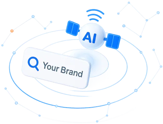 3D illustration of a satellite labeled AI orbiting above a circular grid with a search bar showing a magnifying glass icon and text 'Your Brand'.