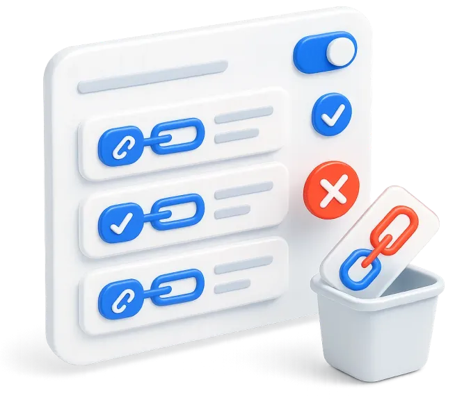 3D illustration of a link management interface with options to approve or disavow links, showing one link being discarded in a trash bin.