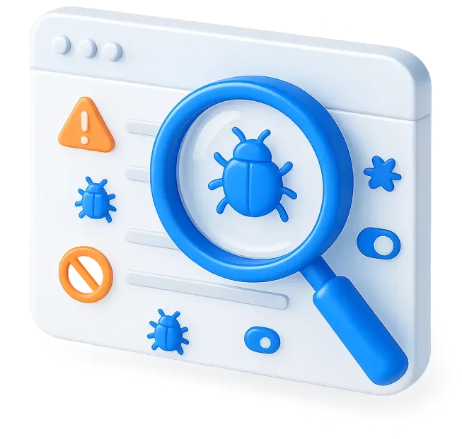 Illustration of a magnifying glass highlighting a blue bug icon on a stylized web browser interface with warning and toggle icons.