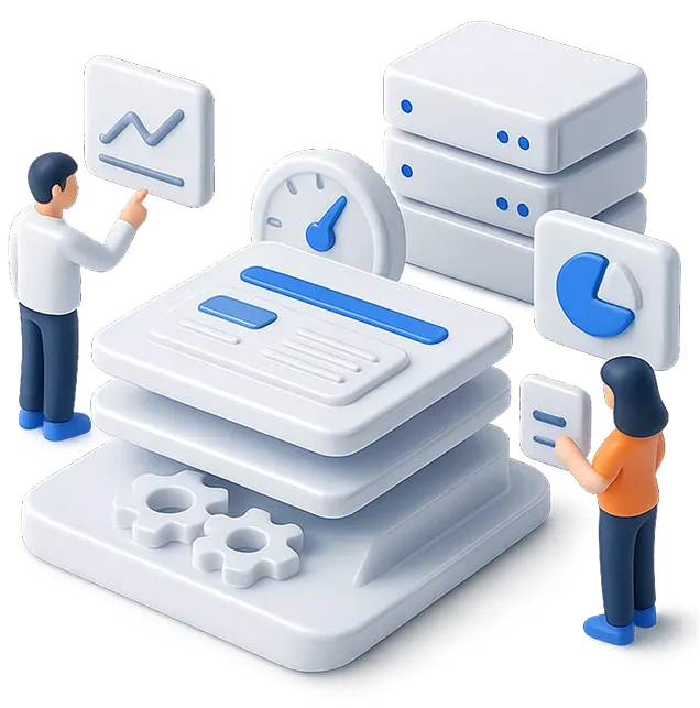 3D illustration of two people interacting with data charts, a speedometer, server stacks, and gears representing technical SEO and data optimization.