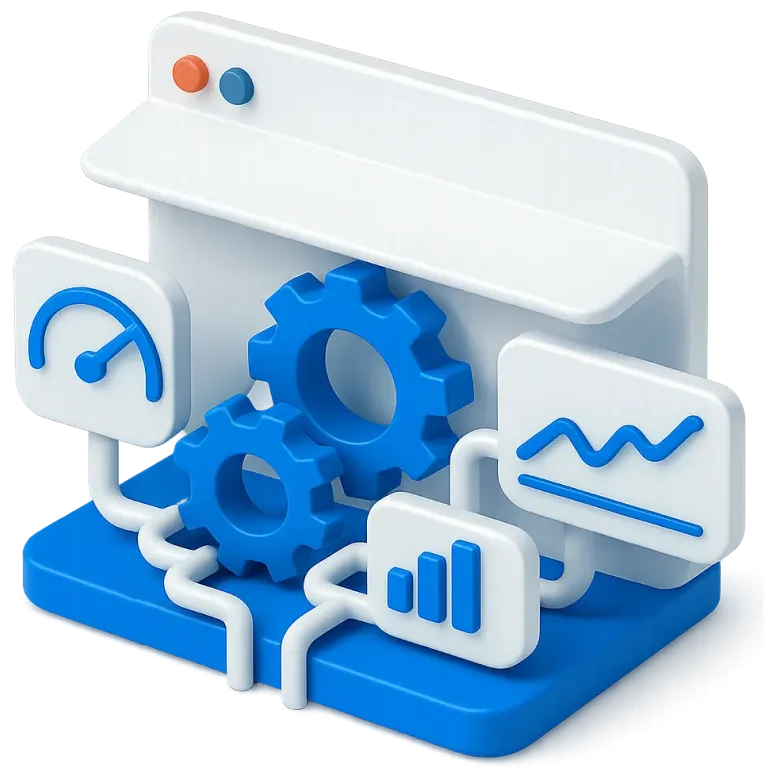 3D illustration of a web browser window with two blue gears and connected icons showing speedometer, bar graph, and line chart representing data analytics and SEO optimization.