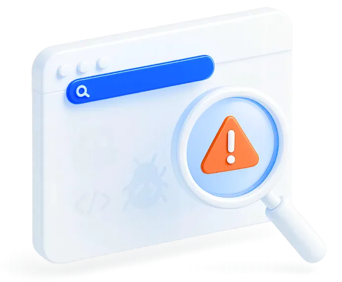 3D illustration of a web browser window with a blue search bar and a magnifying glass highlighting an orange warning triangle with an exclamation mark.