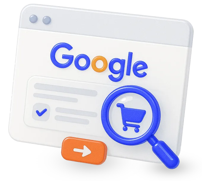 Illustration of a browser window with the Google logo, a shopping cart icon inside a magnifying glass, and a right-pointing arrow button.