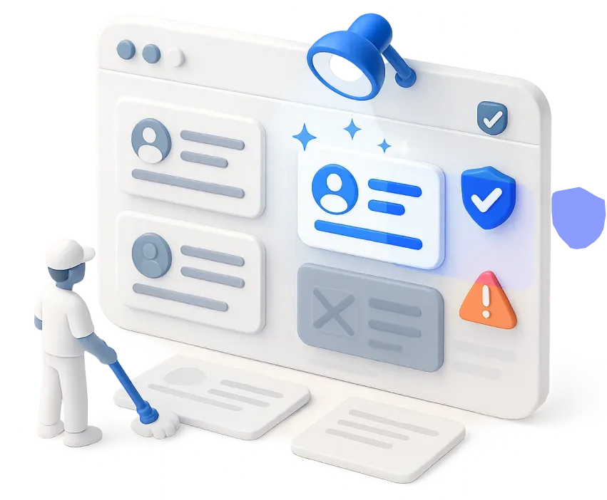 Illustration of a figure cleaning a large digital interface with user profiles and security icons, including a checkmark shield and warning symbol.