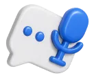Blue microphone next to a white chat bubble with two blue dots representing a conversation.