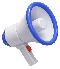 White megaphone with blue rim and red button on handle.