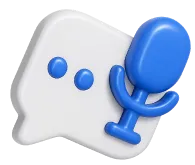 Blue microphone icon over a white speech bubble with two blue dots.
