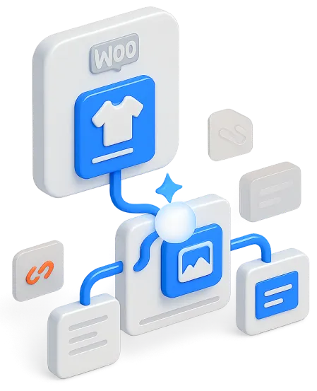 3D illustration of interconnected icons representing WooCommerce, product listing, image media, and content blocks.