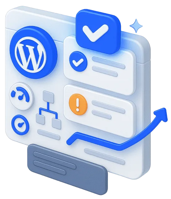 3D illustration of a WordPress dashboard with icons for speed, hierarchy, notifications, checkmarks, and an upward arrow indicating growth.