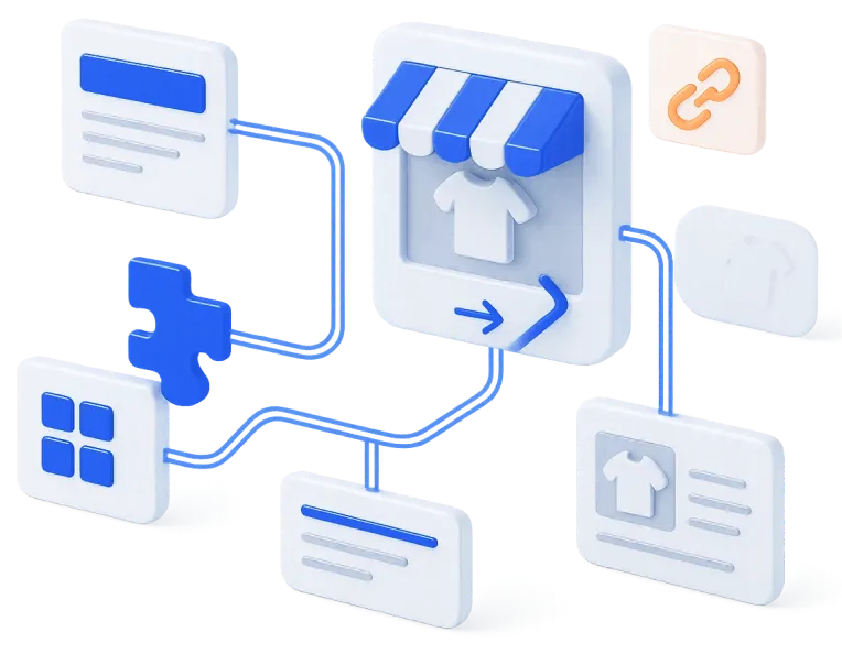 3D illustration of interconnected e-commerce icons including a storefront with a T-shirt, puzzle piece, link symbol, and product detail cards connected by blue lines.